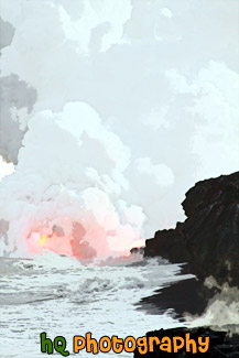 Lava Flowing into Ocean painting