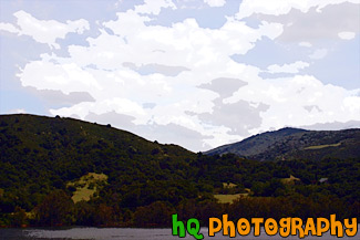 Green Hill, Lake, & Puffy Clouds painting