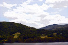 Green Hill, Lake, & Puffy Clouds digital painting