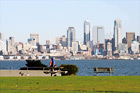 Man Walking Along Alki Beach digital painting