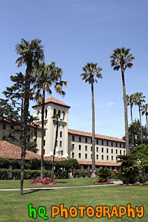 Nobili Hall & Palm Tress in Mission Gardens, Santa Clara