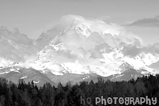 Clouds, Blue Sky & Mt. Rainier black and white picture