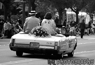 Daffodil Parade Car & Daffodils black and white picture