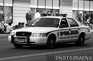 Police Car in Parade black and white picture