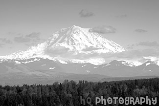 Mt. Rainier, Blue Sky & Scattered Clouds black and white picture