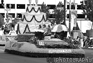 Boy & Cake Float black and white picture