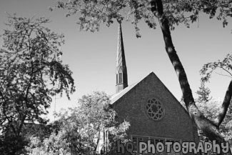 Eastvold Chapel & Trees black and white picture