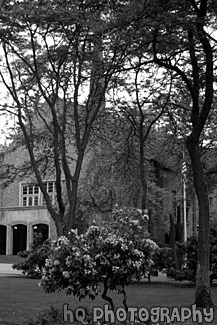 Flowers, Flag & Eastvold Chapel black and white picture