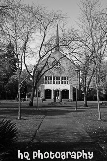 Eastvold Chapel at Distance black and white picture