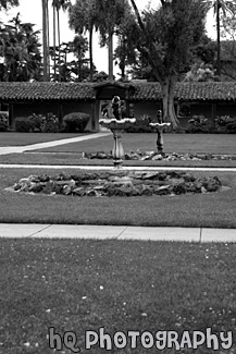 Fountains & Grass of Mission Gardens, SCU black and white picture