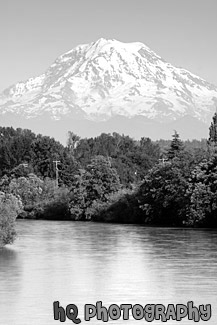 Mt. Rainier, Blue Sky & Puyallup River black and white picture