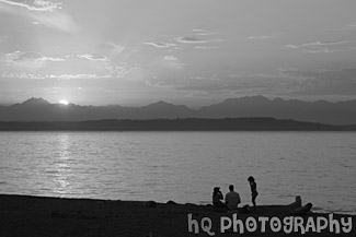 Alki Beach Sunset & People black and white picture