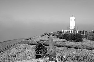 Brown's Point Lighthouse and Shore black and white picture