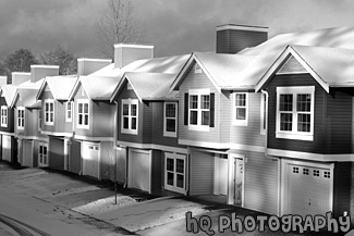 Row of Townhouses in Snow black and white picture