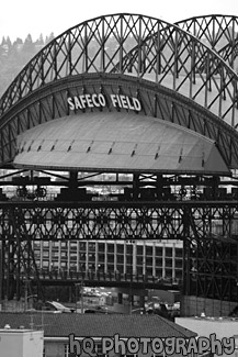 Close Up of Safeco Field Building black and white picture