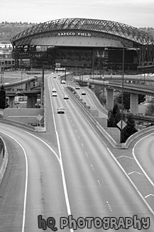 Freeway Towards Safeco Field black and white picture