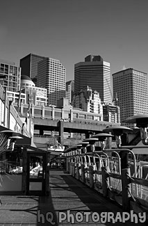 Looking at Seattle Buildings From Pier black and white picture