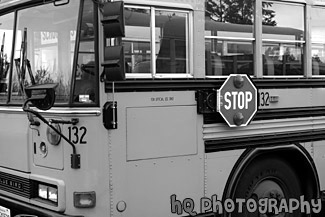 Side Front View of School Bus black and white picture