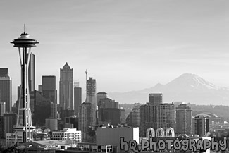 Seattle Skyline & Mt. Rainier at Dusk black and white picture