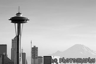 Space Needle & Mt. Rainier Skyline at Dusk black and white picture