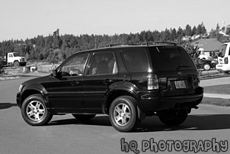 Black SUV black and white picture