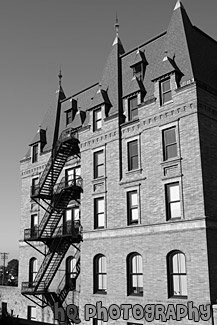 Stadium High School Side of Building black and white picture