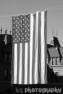 United States Flag Hanging black and white picture
