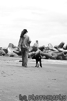 Walking Dog on Beach | Black and White Photo