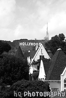 Hollywood Sign Behind House black and white picture