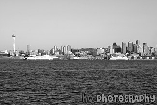 Seattle & Two Ferry Boats black and white picture