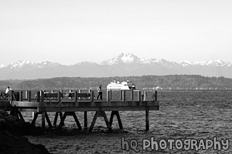 Dock, Mountains, & Ferry black and white picture