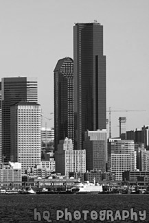Seattle Buildings & Ferry black and white picture