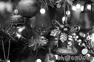 Ornaments on Christmas Tree black and white picture