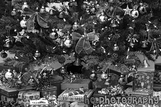 Christmas Presents Under Christmas Tree black and white picture