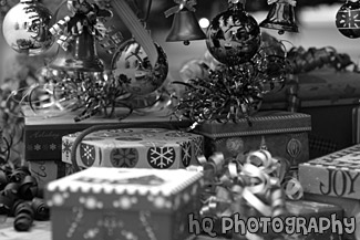 Ornaments & Presents Close Up black and white picture