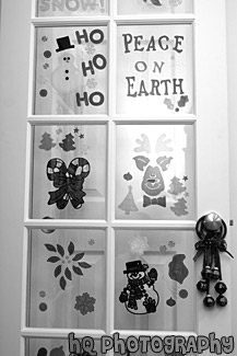 Holiday Decorations on Door black and white picture