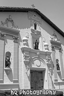 Front of Mission Church at Santa Clara University black and white picture