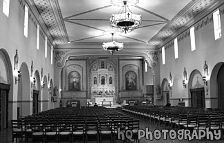 Inside of Mission Santa Clara de Asis black and white picture