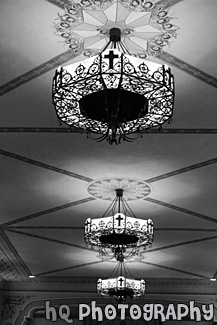 Lights on Church Ceiling black and white picture