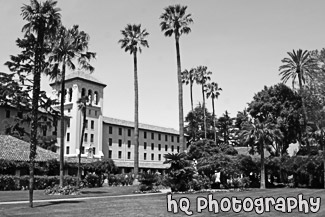 Mission Gardens & Nobili Hall , Santa Clara University black and white picture