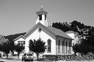 White & Blue Church black and white picture