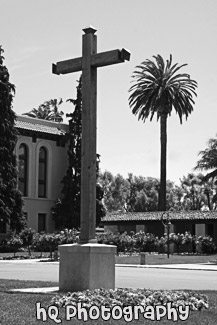 Wooden Cross on College Campus black and white picture