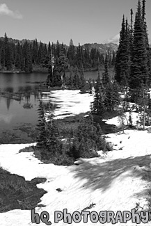 Snow Around Reflection Lake black and white picture