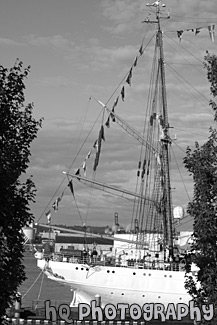 Tall Ship and Flags black and white picture