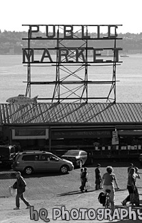 Public Market, People, & Puget Sound black and white picture