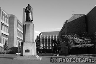 George Washington Statue & Suzzallo Library black and white picture