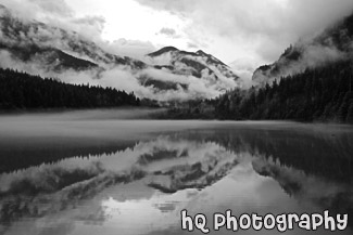 Diablo Lake Dramatic Clouds, Fog, and Reflection black and white picture