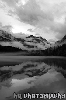 Vertical Diablo Lake Dramatic Clouds, Fog, and Reflection black and white picture