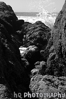 Ocean Waves Splashing on Rocks black and white picture