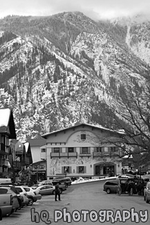 Downtown Leavenworth & Big Mountain black and white picture